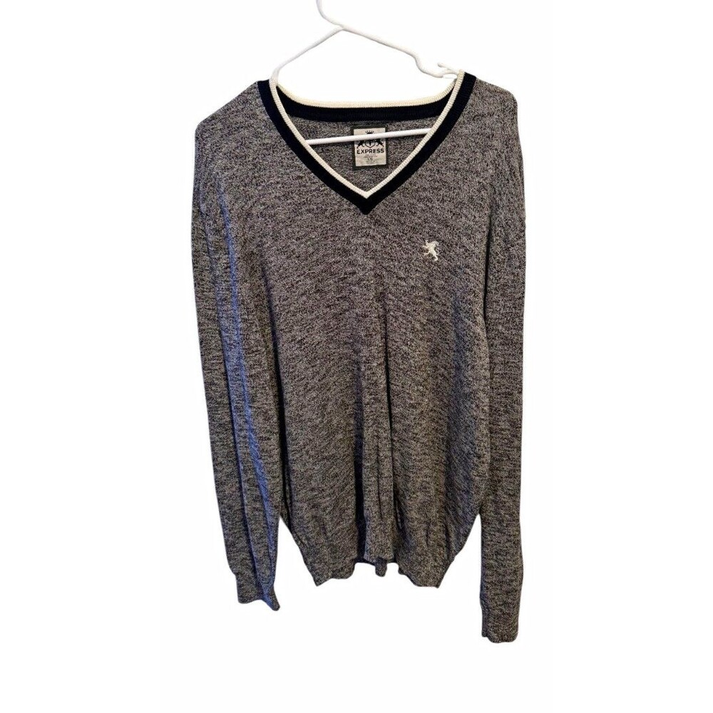 Express Men's L Gray Solid Knit V-Neck Long Sleeve Pullover Sweater